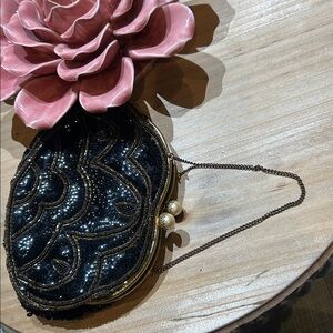 Vintage Made in France Sequenced Black/Gold Clutch/ Evening Bag